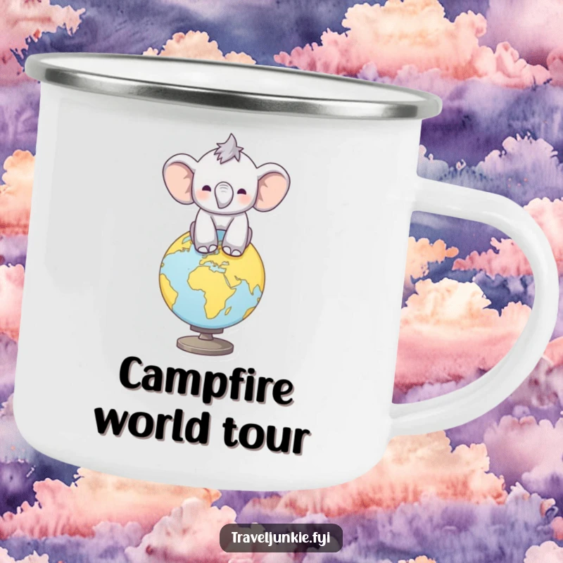 Funny Elephant Camping Mug: Rugged mug with a calf balancing on a globe, perfect for outdoor adventures, funny gift.