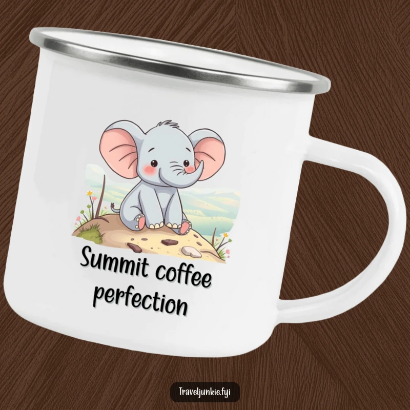 Funny elephant character enjoying a scenic view from a hilltop, suitable for camping, a funny gift camping mug.