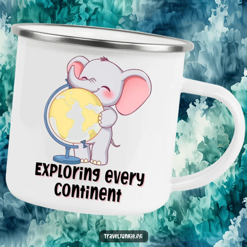 Funny Elephant World Traveler Camping Mug: A sturdy enamel mug featuring a cheerful elephant and a globe, perfect for outdoor fun.