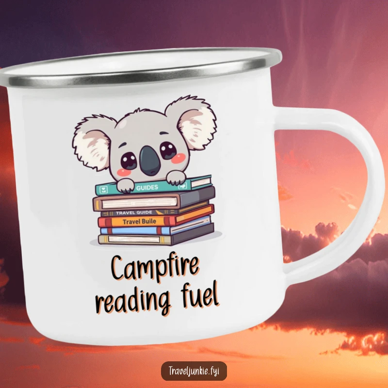 Funny koala with big eyes peeking from travel guides, designed for adventures on a rugged camping mug.