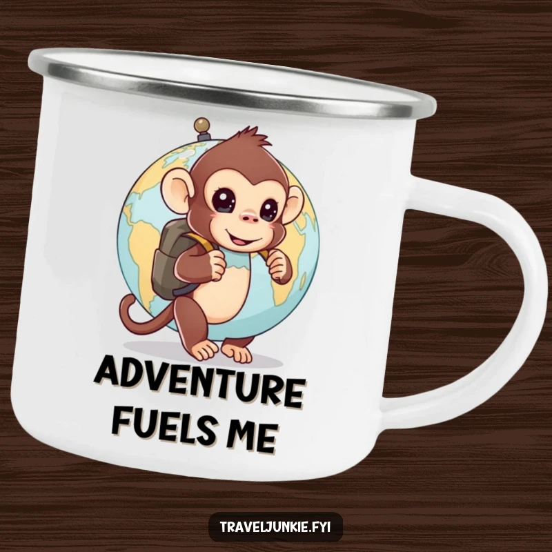 Funny camping mug: a curious monkey with a backpack peeks from behind a globe, perfect for outdoor adventurers.