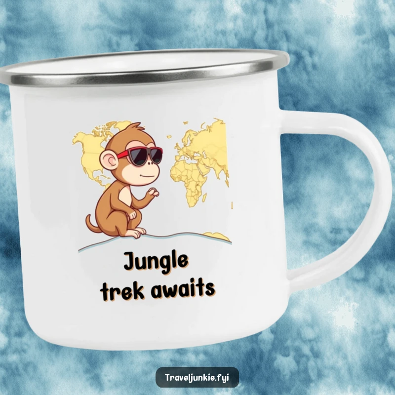Funny monkey wearing sunglasses, looking at a world map, durable camping mug, perfect humorous gift for explorers.