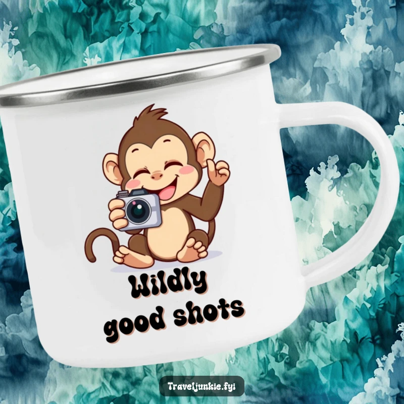 Funny Monkey Selfie Camping Mug: A sturdy enamel mug with a giggling monkey taking a selfie, ideal for outdoor fun.