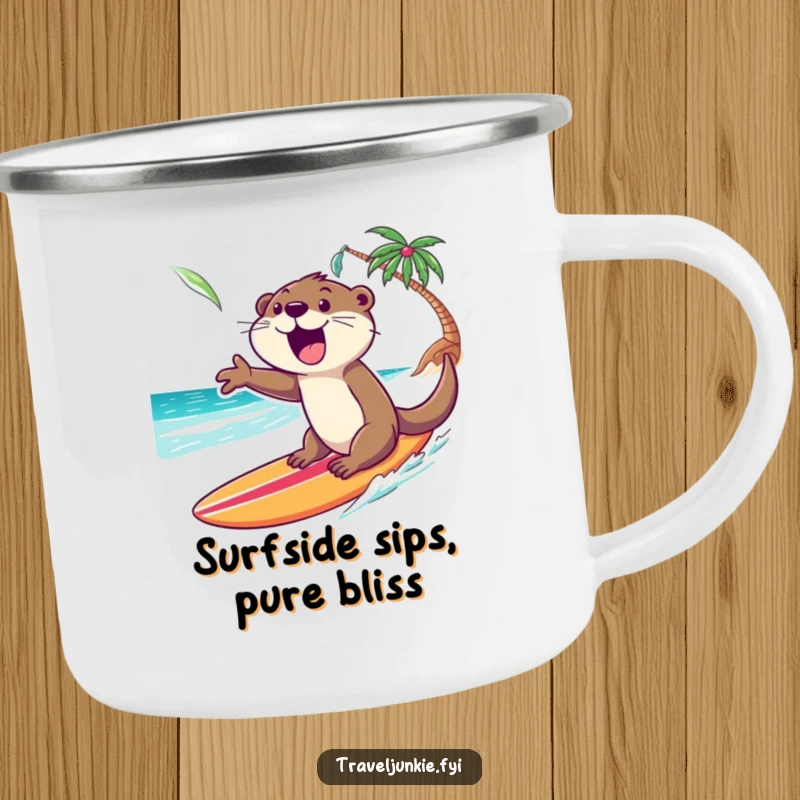 Funny Otter Camping Mug: An excited otter gleefully rides a surfboard towards a tropical shore, ideal for outdoor drinks.