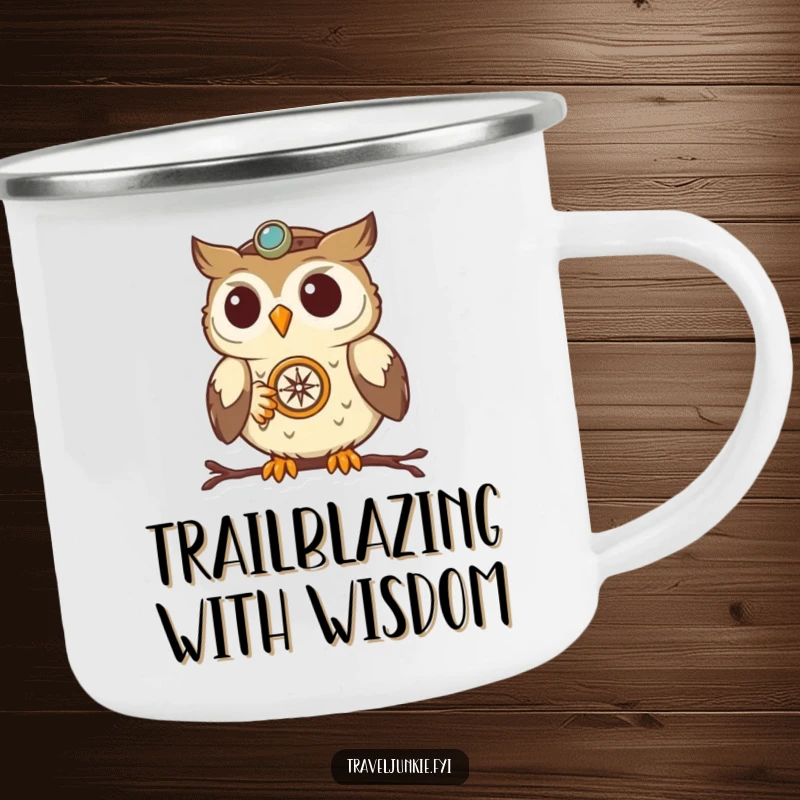 Funny Owl Navigator Camping Mug: A sturdy enamel mug featuring a determined owl with a compass, perfect for outdoor humor.
