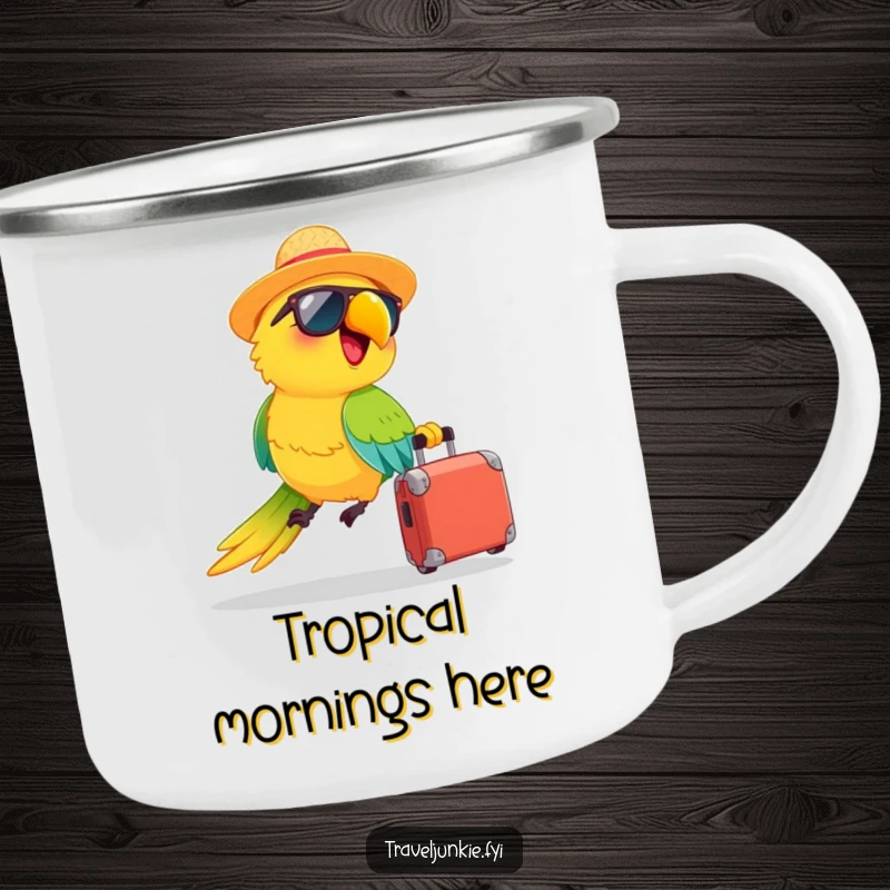 Funny camping mug: a happy parrot wearing a straw hat and sunglasses zooms with a suitcase, perfect for outdoor adventures.