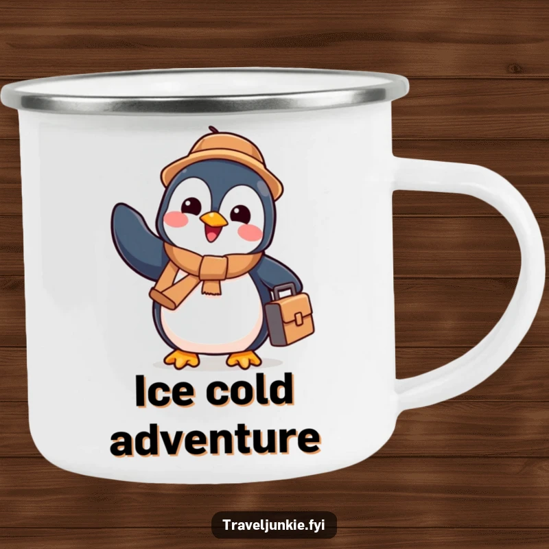 Funny penguin with a tiny suitcase waving goodbye, durable camping mug, perfect humorous gift for hikers.