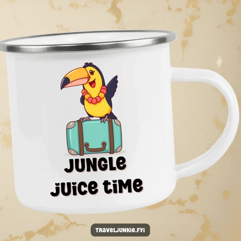 Funny toucan with a lei, playfully balancing on a suitcase, a durable camping mug for outdoor enthusiasts.
