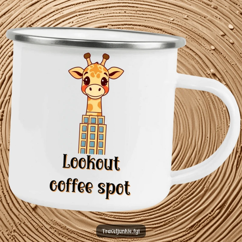 Funny giraffe camping mug featuring a cheerful character peering over a stylized skyscraper, designed for outdoor use with a humorous urban theme.