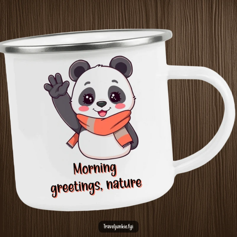 Funny camping mug: a cheerful panda wearing a travel scarf enthusiastically waves hello, perfect for outdoor adventurers.