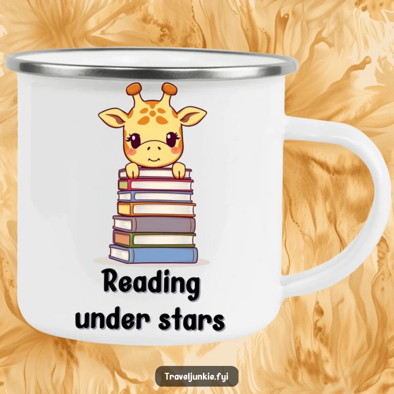 Funny giraffe camping mug, depicted peering over a book stack, ready for intellectual exploration outdoors.