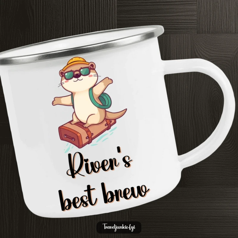 Funny Otter Surfer Camping Mug: A durable mug with a playful otter surfing on a suitcase, ideal for outdoor adventures, a funny gift.