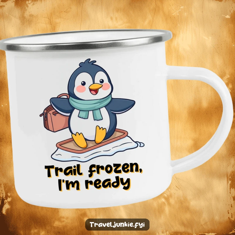 Funny penguin character sliding with a travel bag, suitable for camping, a funny gift camping mug.