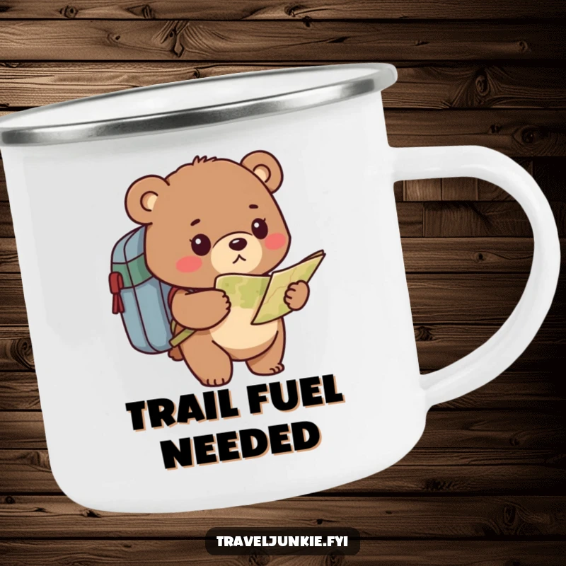 Funny bear camping mug showing a determined character with a backpack and map, ready for humorous outdoor adventures.