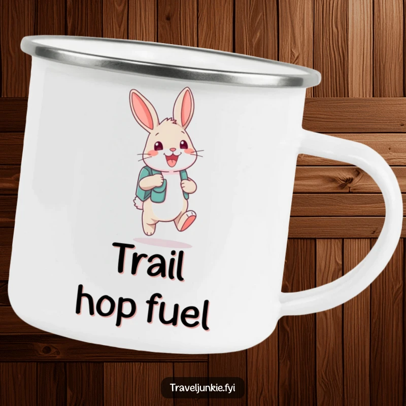Funny bunny character with a backpack and grin on a durable camping mug, ideal for outdoor adventures.