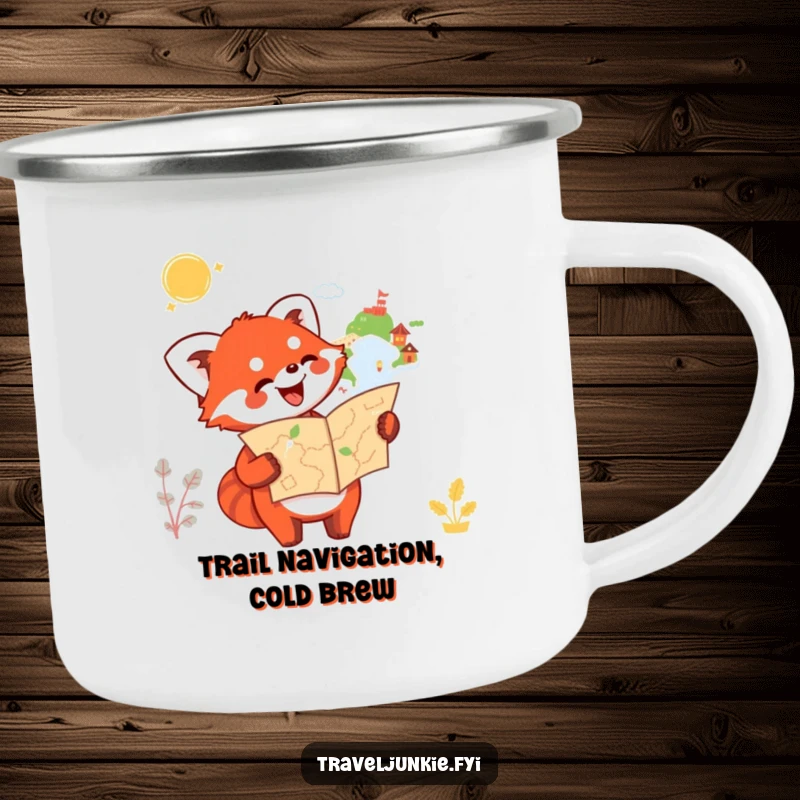 Funny Red Panda Camping Mug: A happy red panda holds a map and points enthusiastically towards an unknown destination, perfect for outdoors.