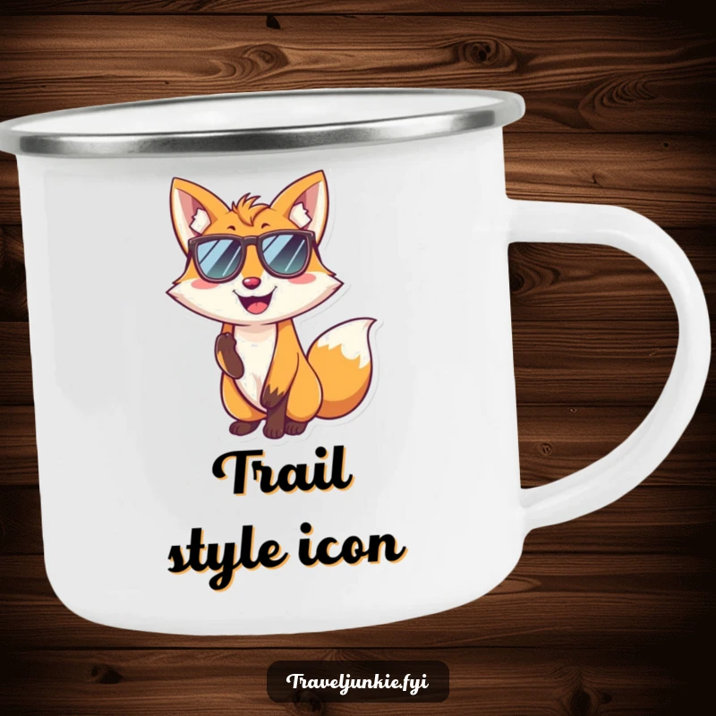 Funny fox camping mug showing a smiling character wearing sunglasses and posing coolly, perfect for humorous outdoor enjoyment.