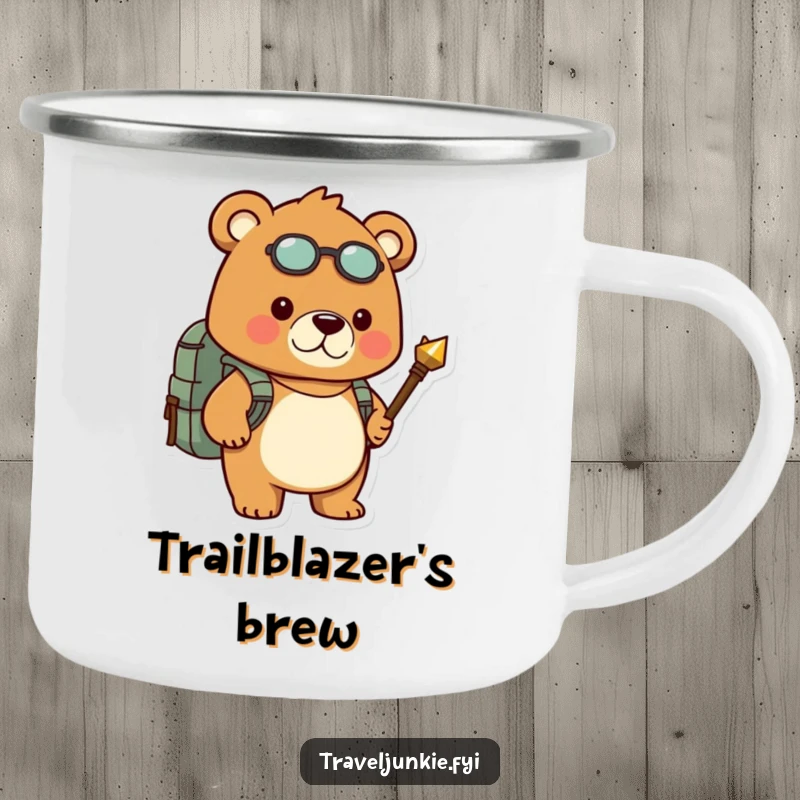 Funny camping mug depicts a determined bear with backpack and compass, perfect for outdoor adventures and humorous drinks.