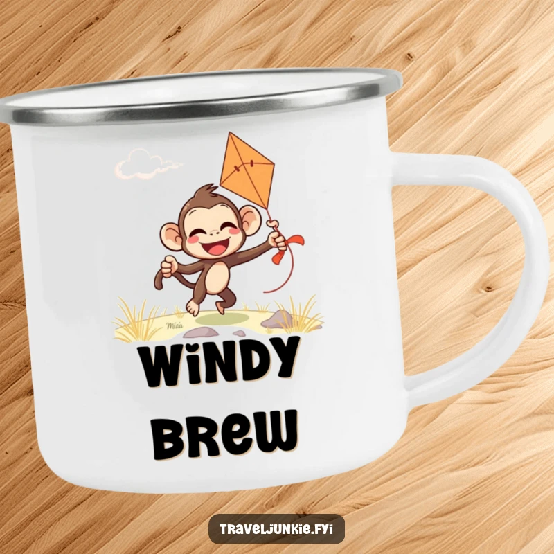 Funny monkey camping mug featuring a giggling character comically attempting to fly a kite on a windy day, perfect for outdoor brews.
