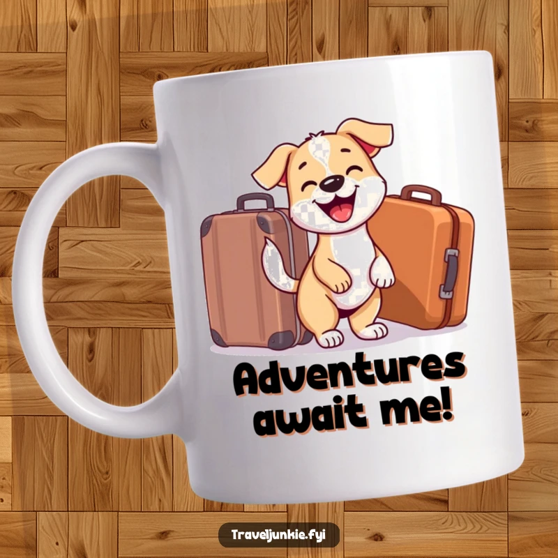 Funny Dog Mug: Excited dog wagging tail near a suitcase, ready for a trip, conveying joy and anticipation for travel adventures.