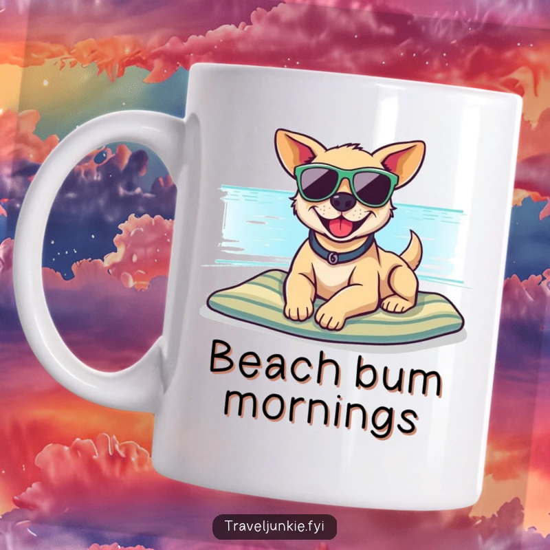 Funny mug featuring a smiling dog wearing sunglasses, relaxing on a beach, radiating ultimate vacation vibes for a cool gift.