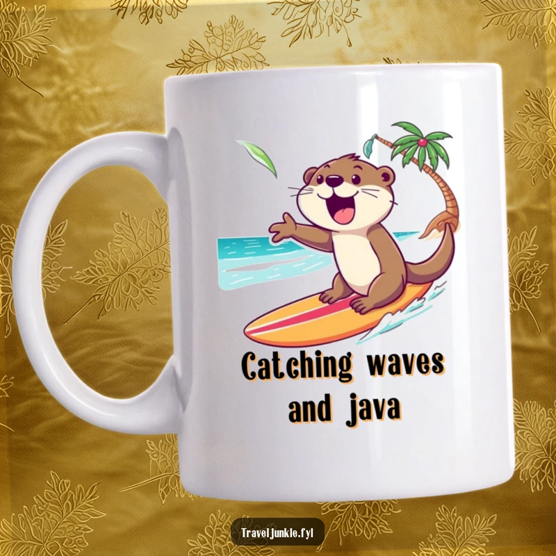 Funny Otter Mug: An excited otter gleefully surfs a wave towards a tropical shore, embodying pure beach joy.