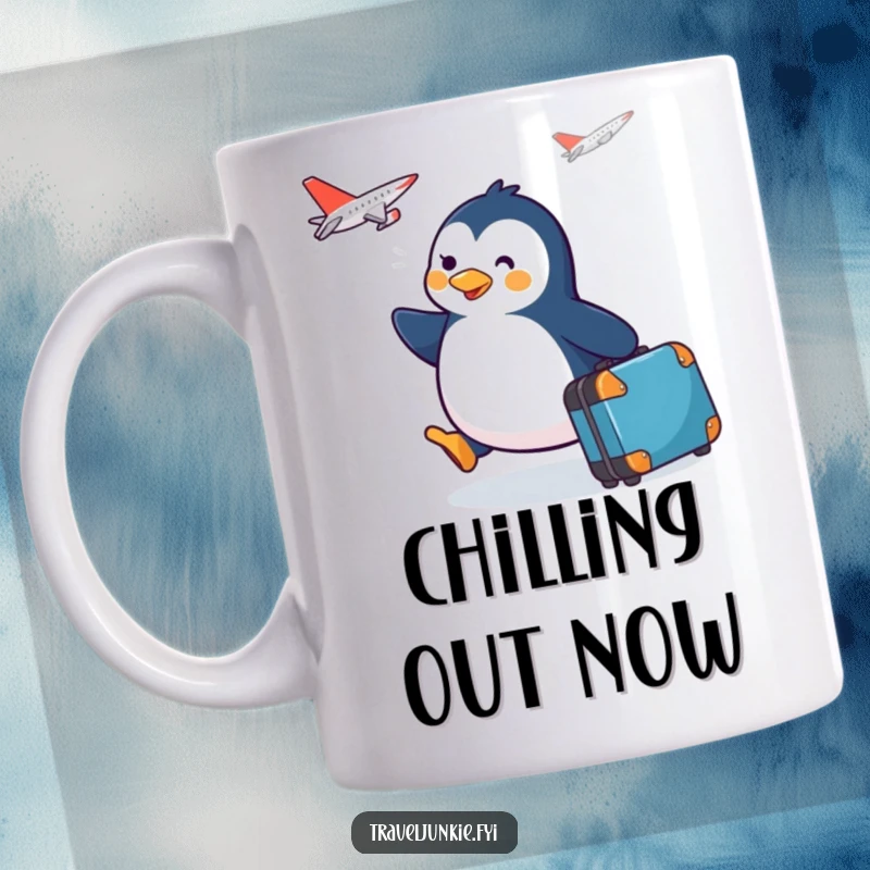 Funny happy penguin waddling excitedly with a suitcase towards a plane, featured on a travel mug.