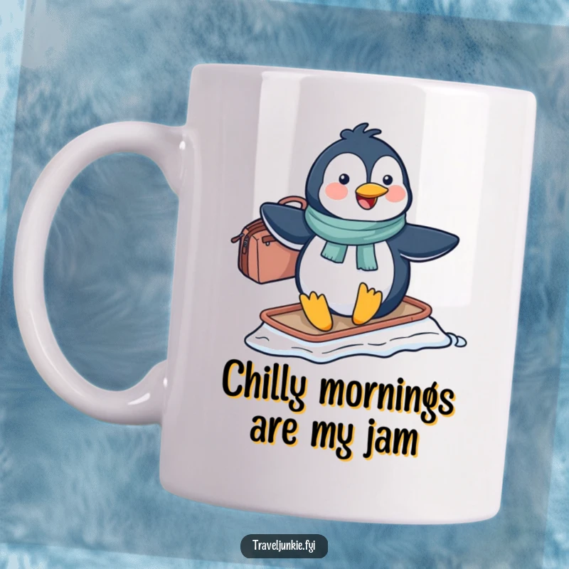 Funny penguin character joyfully sliding on ice with a travel bag, embodying an adventurous and happy spirit, perfect for a funny gift.