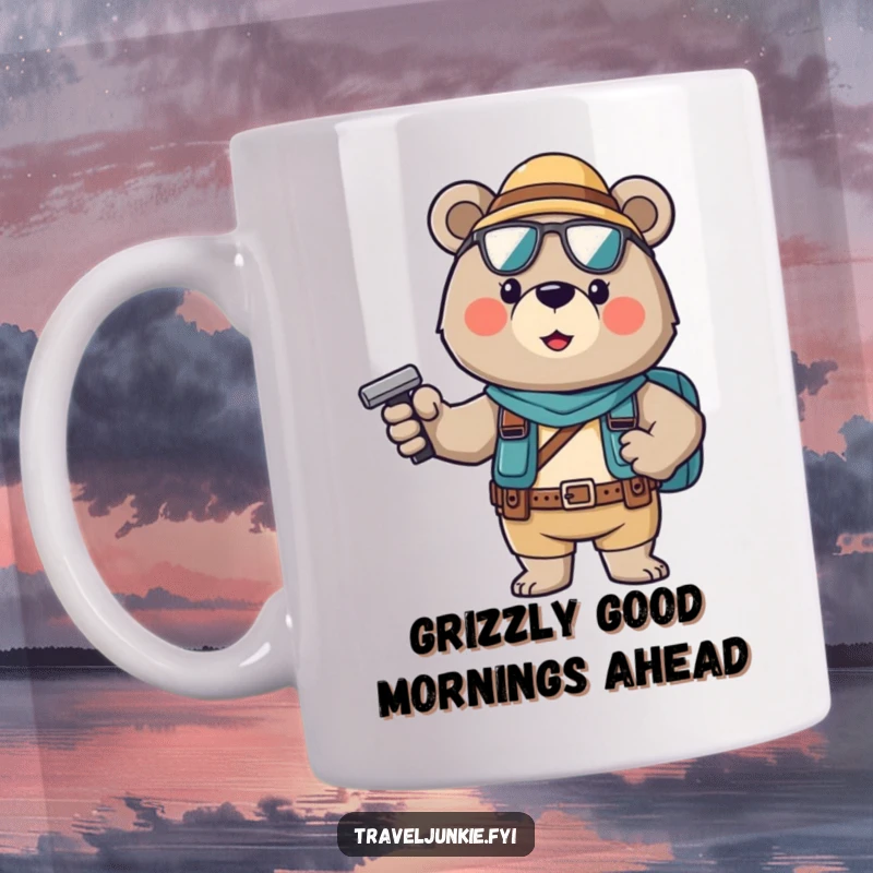Funny Mug: A brave bear tourist stands tall and confident, ready for adventure, embodying courage and humor.