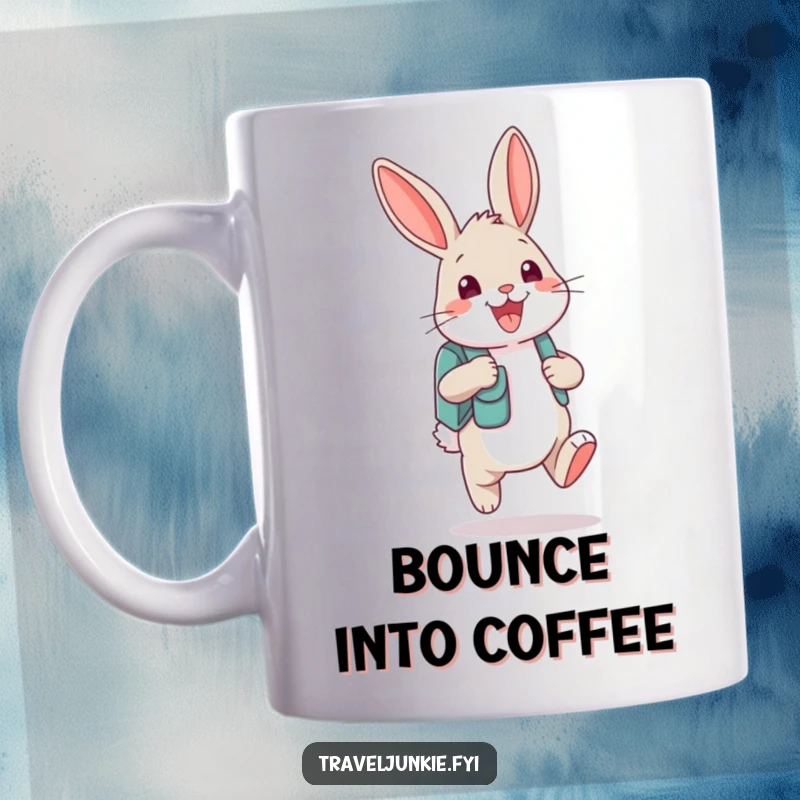Funny bunny character bouncing excitedly with a tiny backpack and a wide grin, a cheerful mug for adventure lovers.
