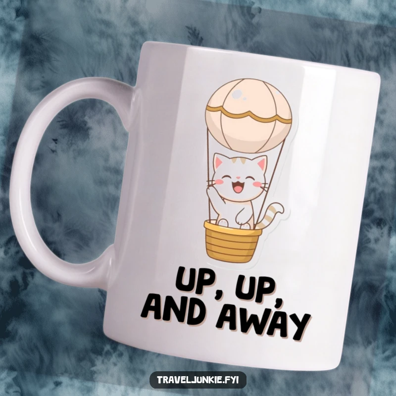 Funny cat mug showing a joyful character blissfully riding in a miniature hot air balloon, embodying happiness and whimsical travel.