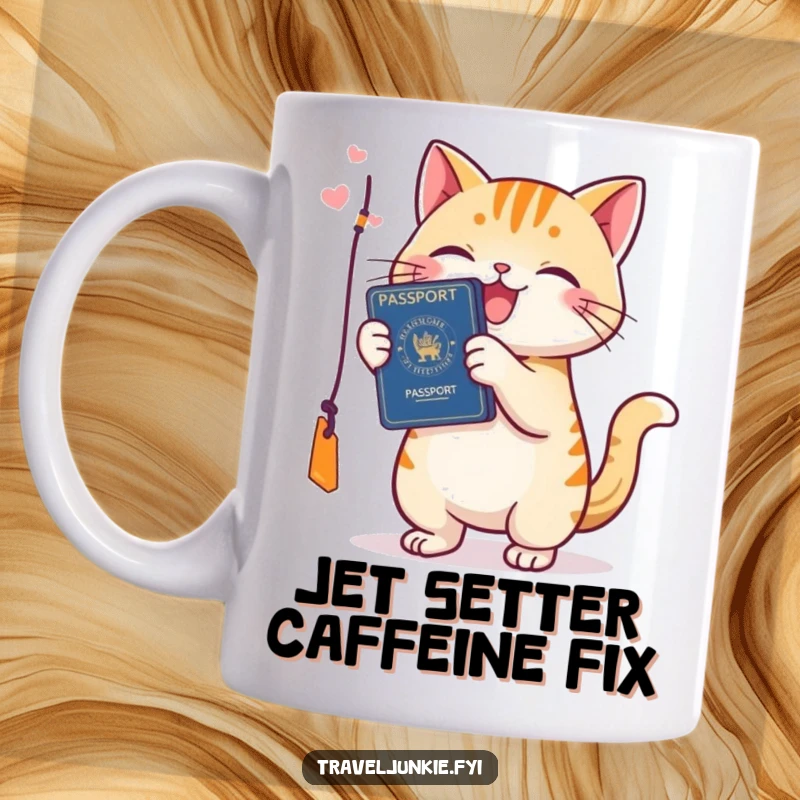 Funny cat mug, happily batting at a passport tag, ready for adventure with a playful and mischievous grin. A traveler's delight.