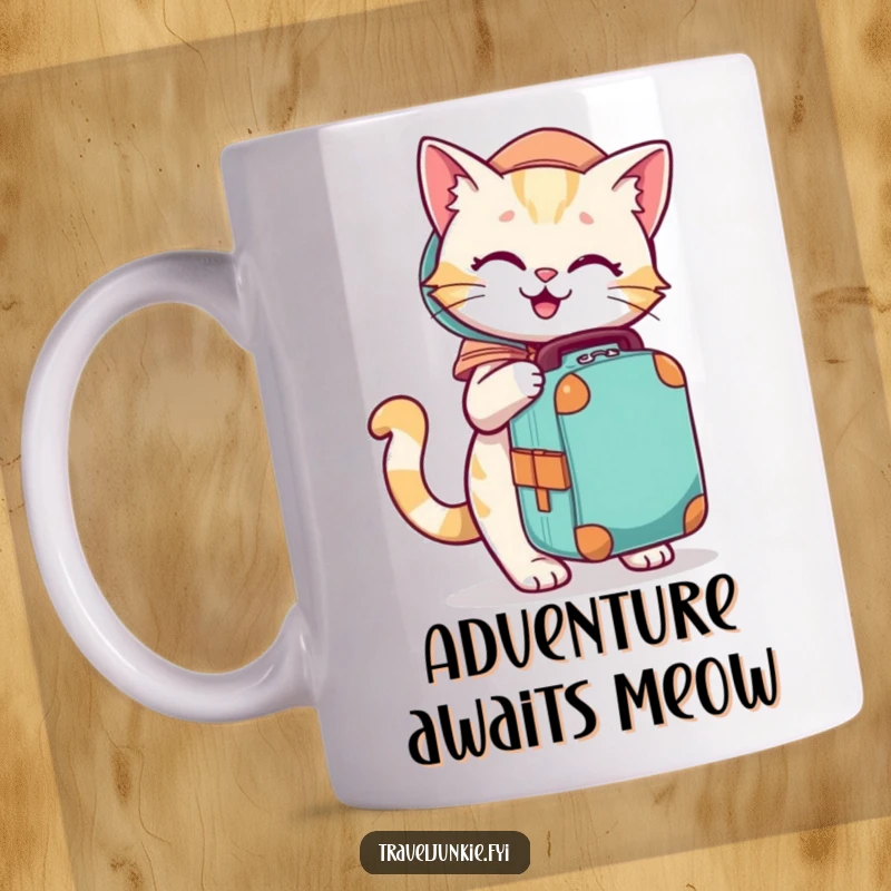 Funny mug with a playful cat character eagerly packing a travel bag, ready for an adventure.