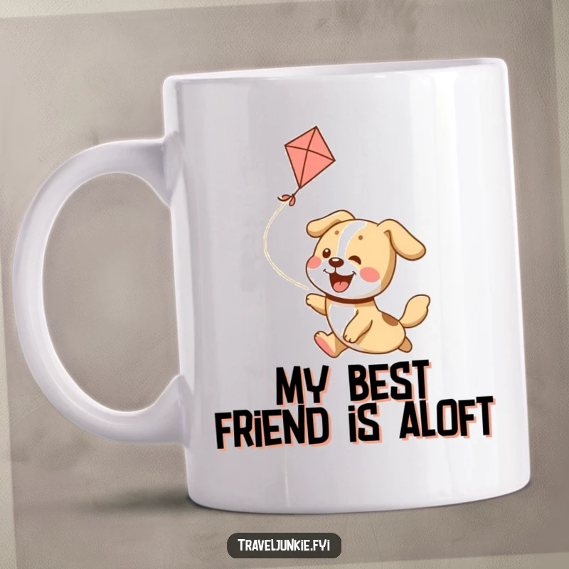 Funny Mug featuring a joyful dog character with ears flying, happily chasing a colorful kite against a bright sky.