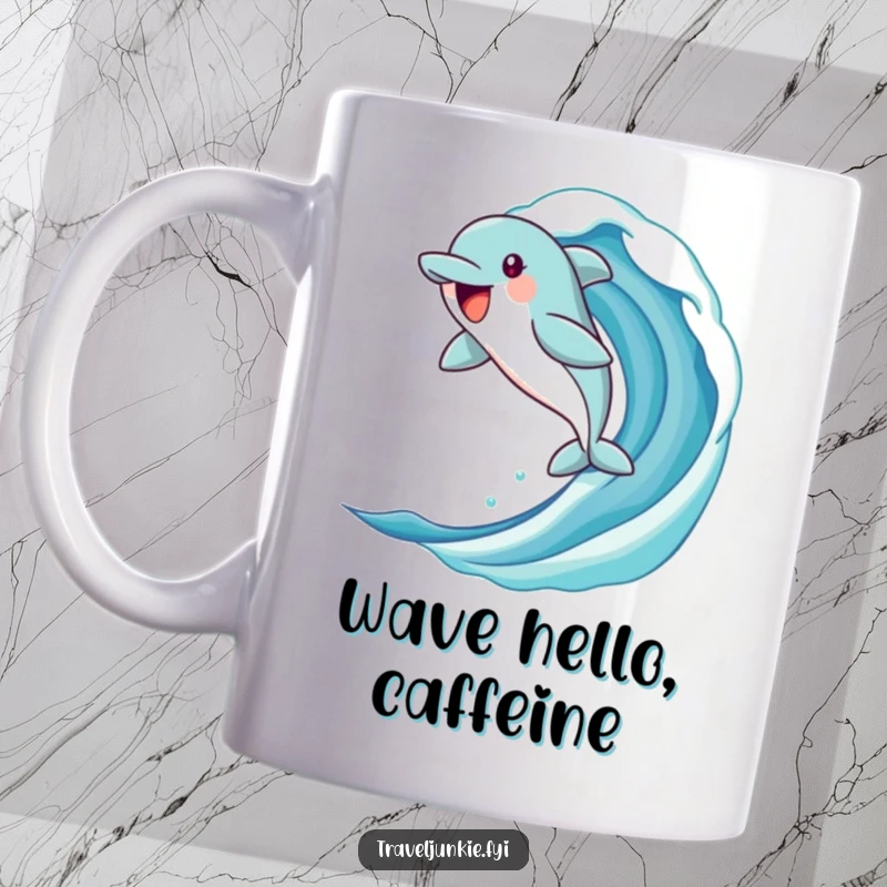 Funny dolphin mug with a jubilant character leaping joyfully from a stylized ocean wave, symbolizing freedom and aquatic fun.