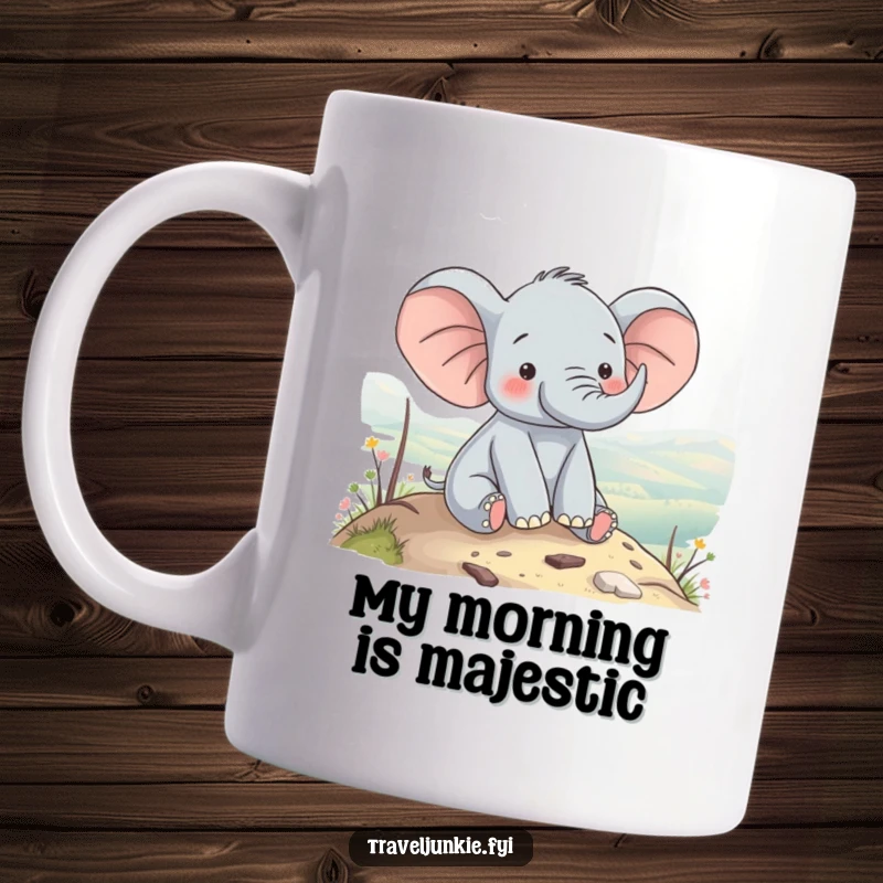 Funny elephant character contentedly enjoying a scenic view from a hilltop, embodying peace and joy, suitable for a funny gift.