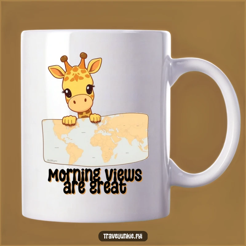 Funny Giraffe Map Explorer Mug: Happy giraffe peeking over map, perfect funny gift