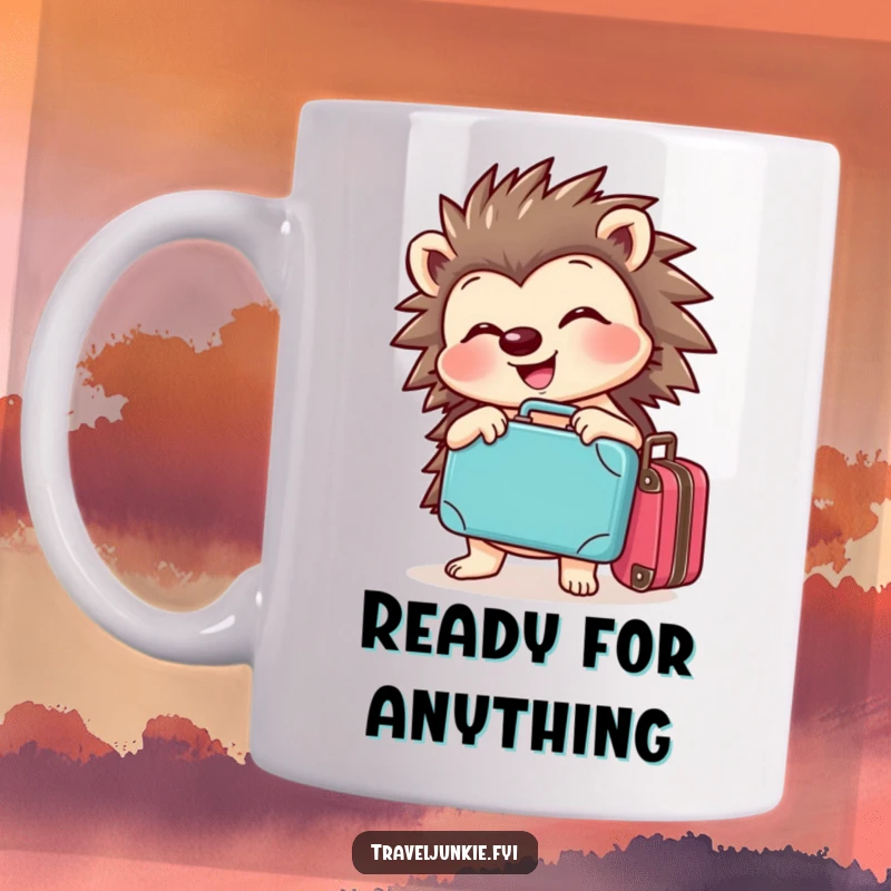Funny hedgehog mug featuring a cheerful character joyfully posing with a tiny suitcase, symbolizing upcoming adventures and travel.