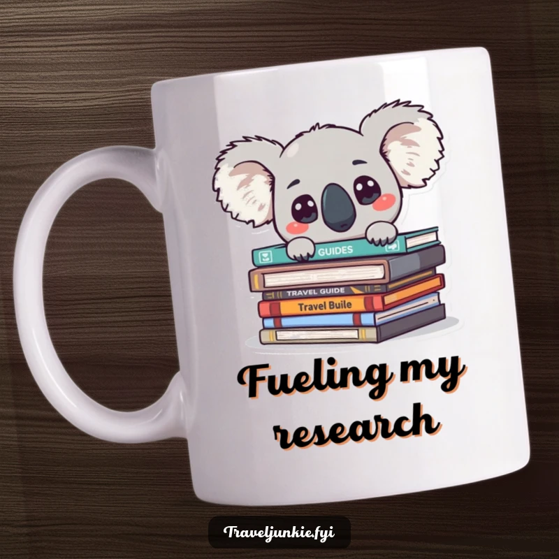Funny curious koala peeking from travel guides with big eyes, on a travel-themed mug.