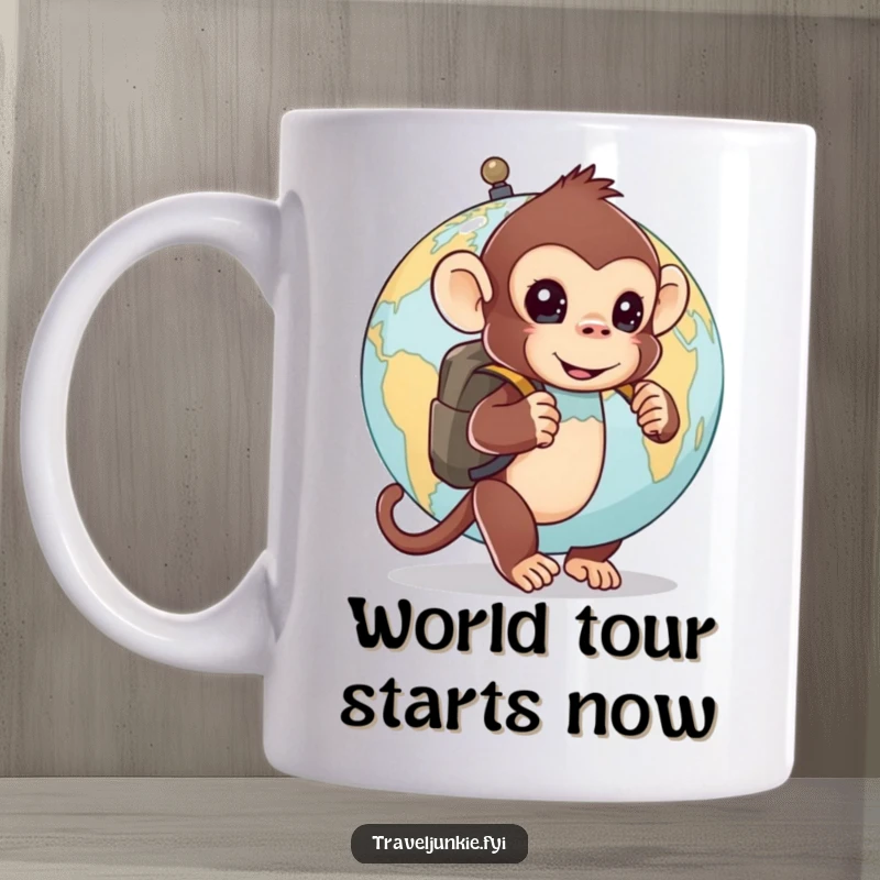 Funny mug: a curious monkey with a backpack peeks from behind a globe, embodying playful exploration and humorous curiosity.