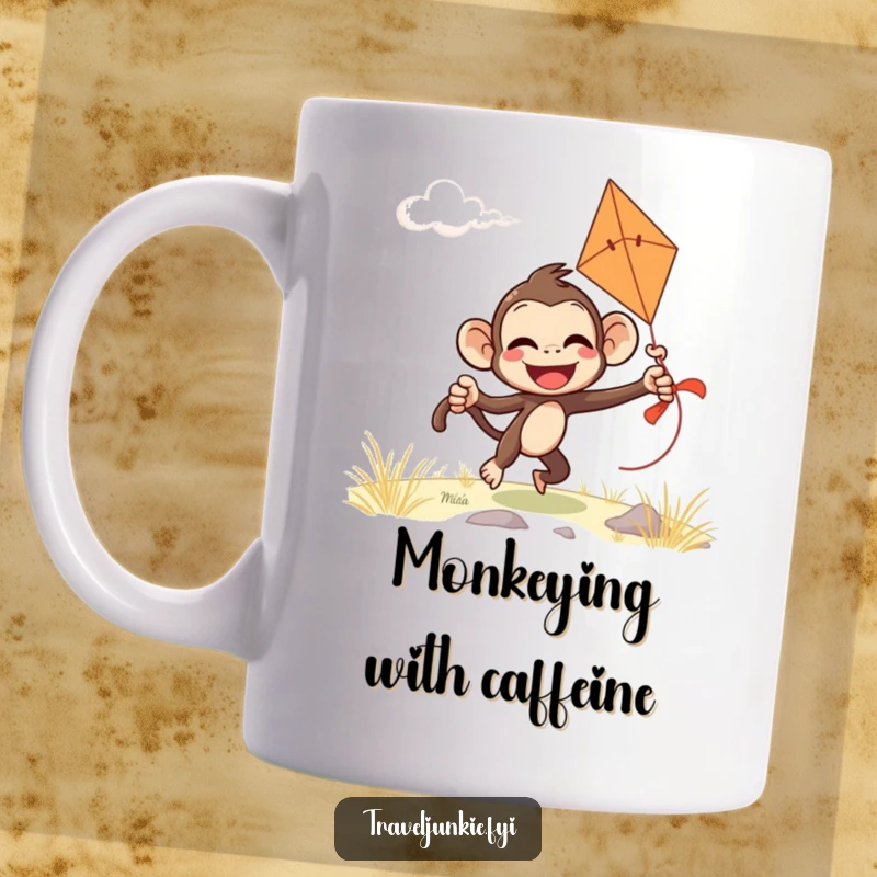 Funny monkey mug showing a giggling character comically attempting to fly a kite on a very windy day, capturing the fun chaos.