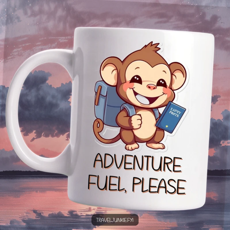 Funny monkey with backpack holding passport, grinning excitedly, ready for adventure on a travel mug.