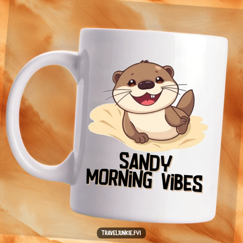 Funny mug depicting a happy otter sliding down a sandy dune with a big grin, evoking seaside fun and playful energy.