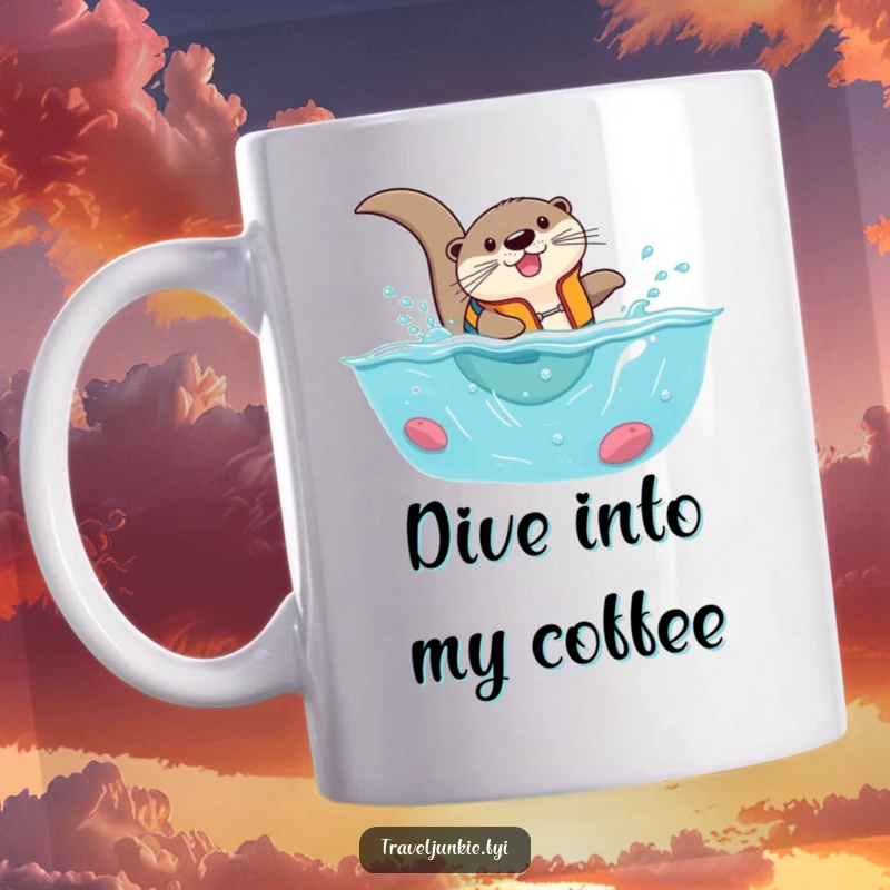 Funny otter wearing a life vest, comically diving headfirst into a tiny ocean, a humorous and adventurous mug.