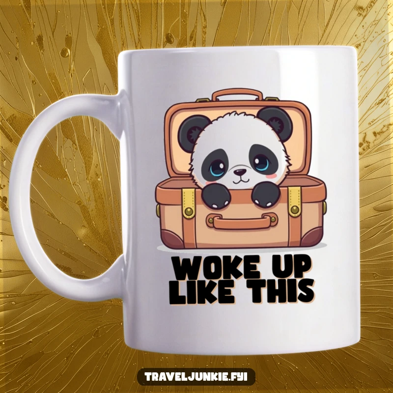 Funny panda mug, curious character peeking from a suitcase, perfect humorous travel gift for anyone who loves pandas.