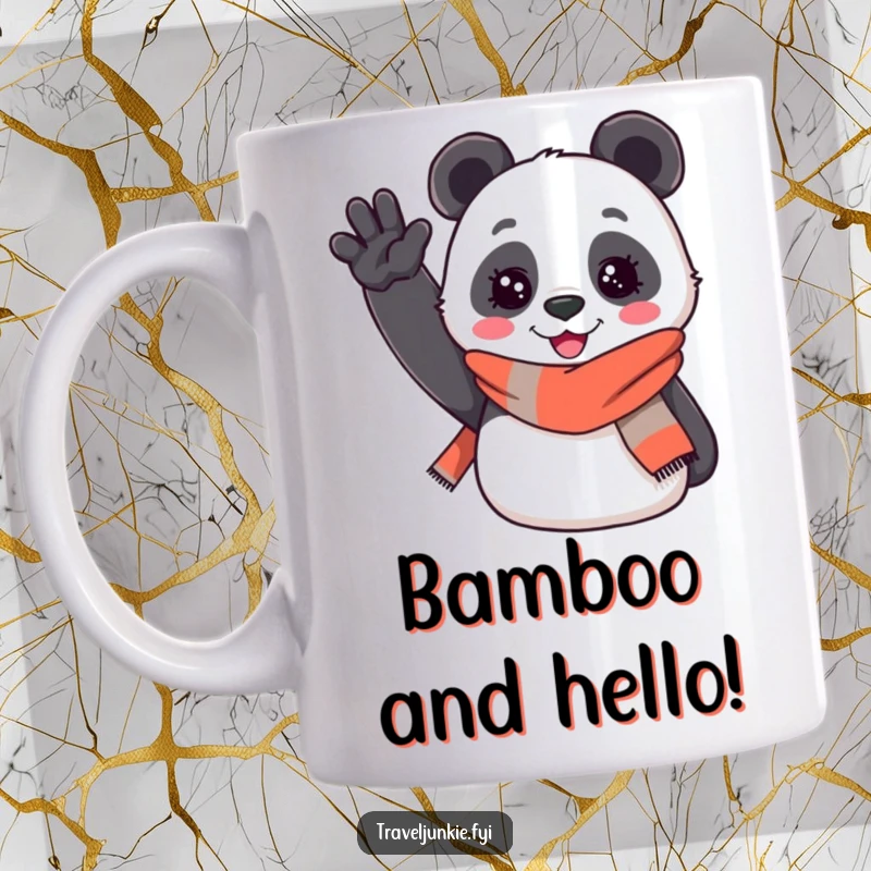 Funny mug: a cheerful panda wearing a travel scarf enthusiastically waves hello, radiating friendly and humorous travel vibes.