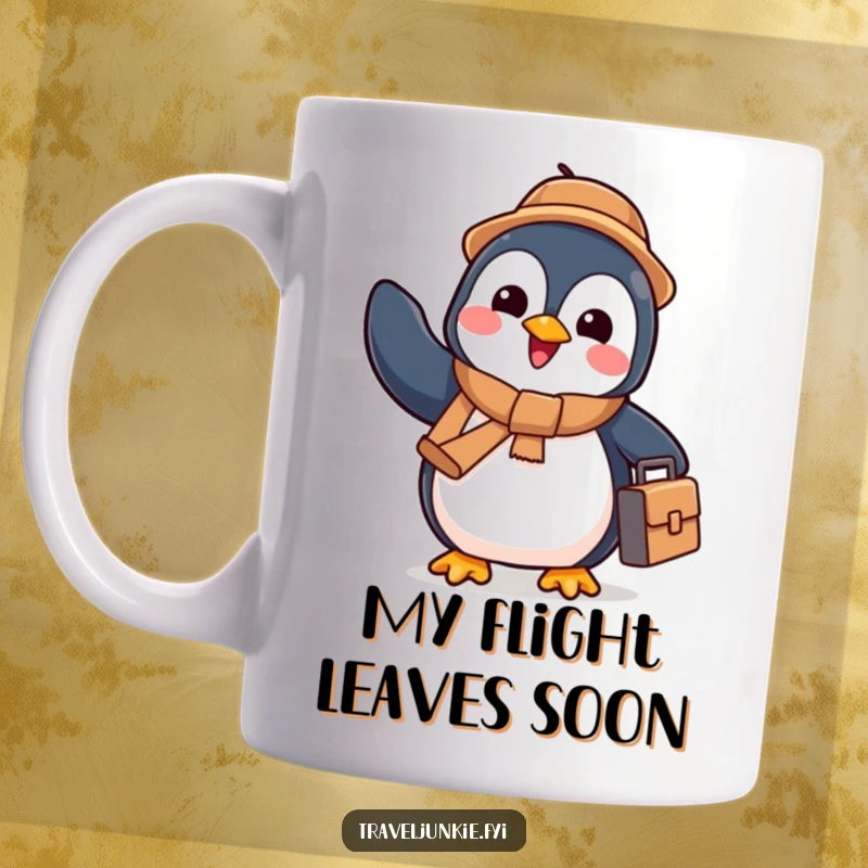 Funny penguin with a small suitcase waving goodbye enthusiastically, perfect for travel lovers. A cheerful character ready for adventure.