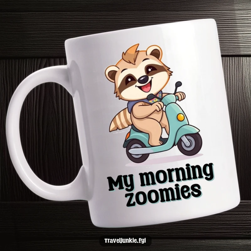 Funny sloth character energetically zipping by on a scooter, depicted on a ceramic mug, bringing a smile.