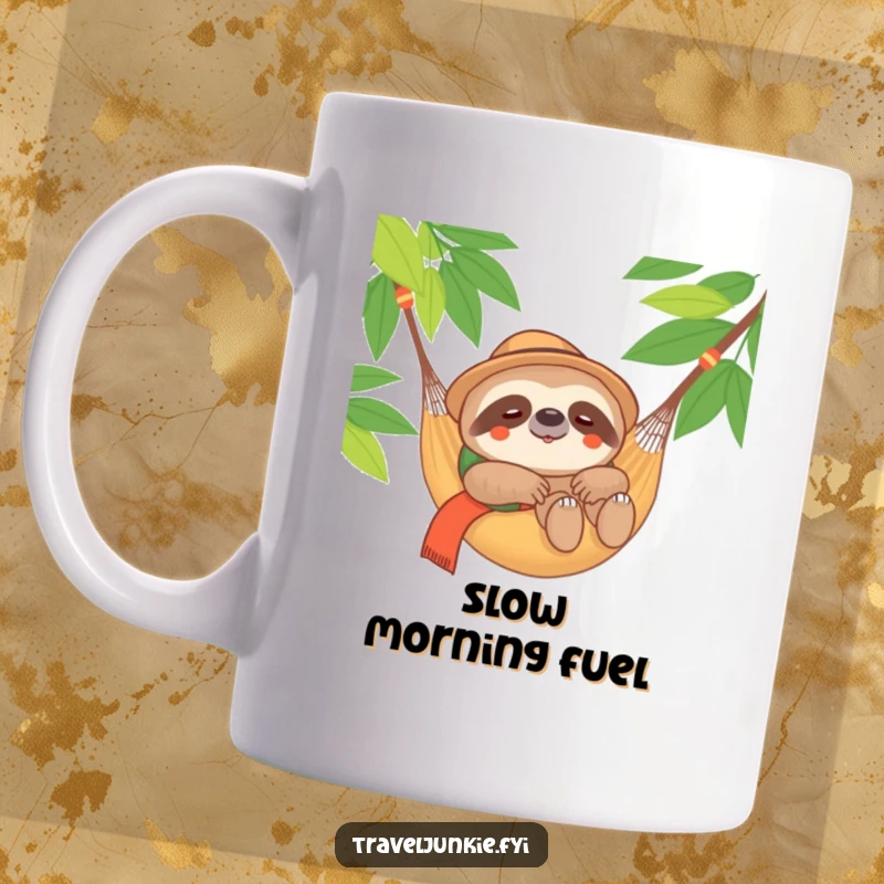 Funny Sloth Traveler Mug: A content sloth relaxing in a hammock, embodying slow living and peace, ideal for a funny gift.