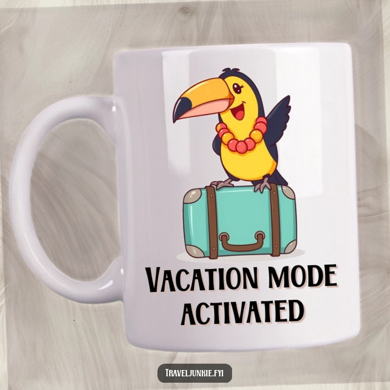 Funny toucan wearing a lei, playfully balancing on a suitcase, ready for vacation, on a coffee mug.